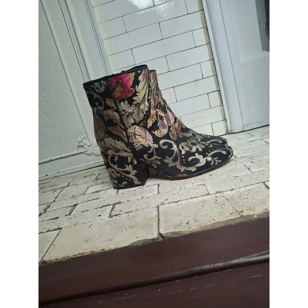 Sam Edelman Cambell Floral Jacquard Brocade Ankle Boot Block Heel Sz 8 Botanical